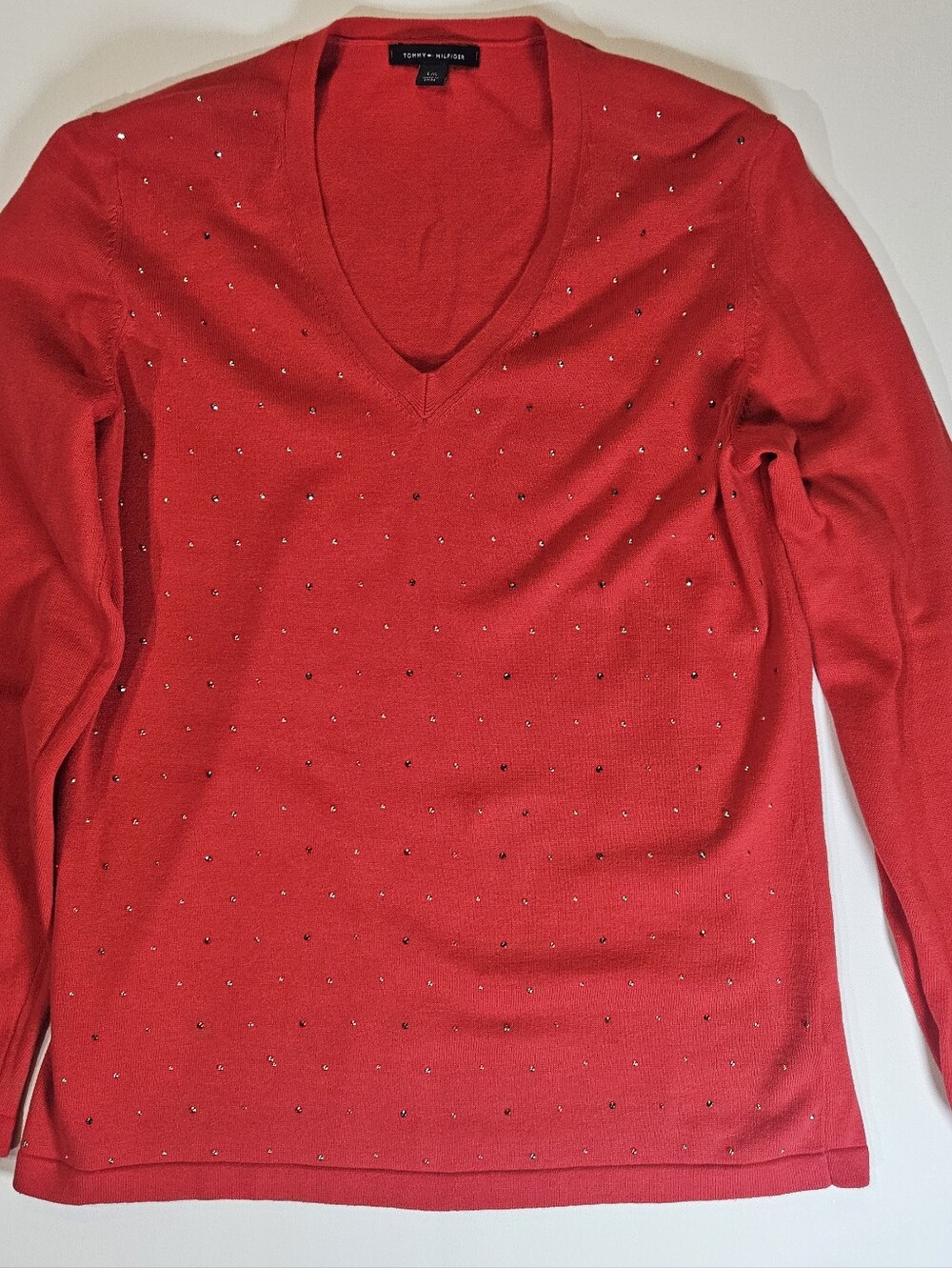 Tommy Hilfiger Sweater Womens Large Red Gold Sequined Winter Holiday 90s Style
